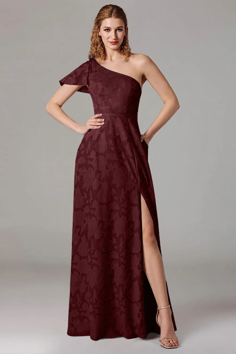 A-line shoulder cinched waist side slit dress