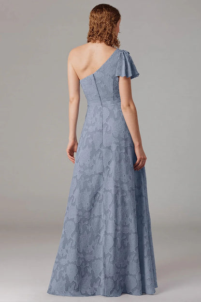 A-line shoulder cinched waist side slit dress