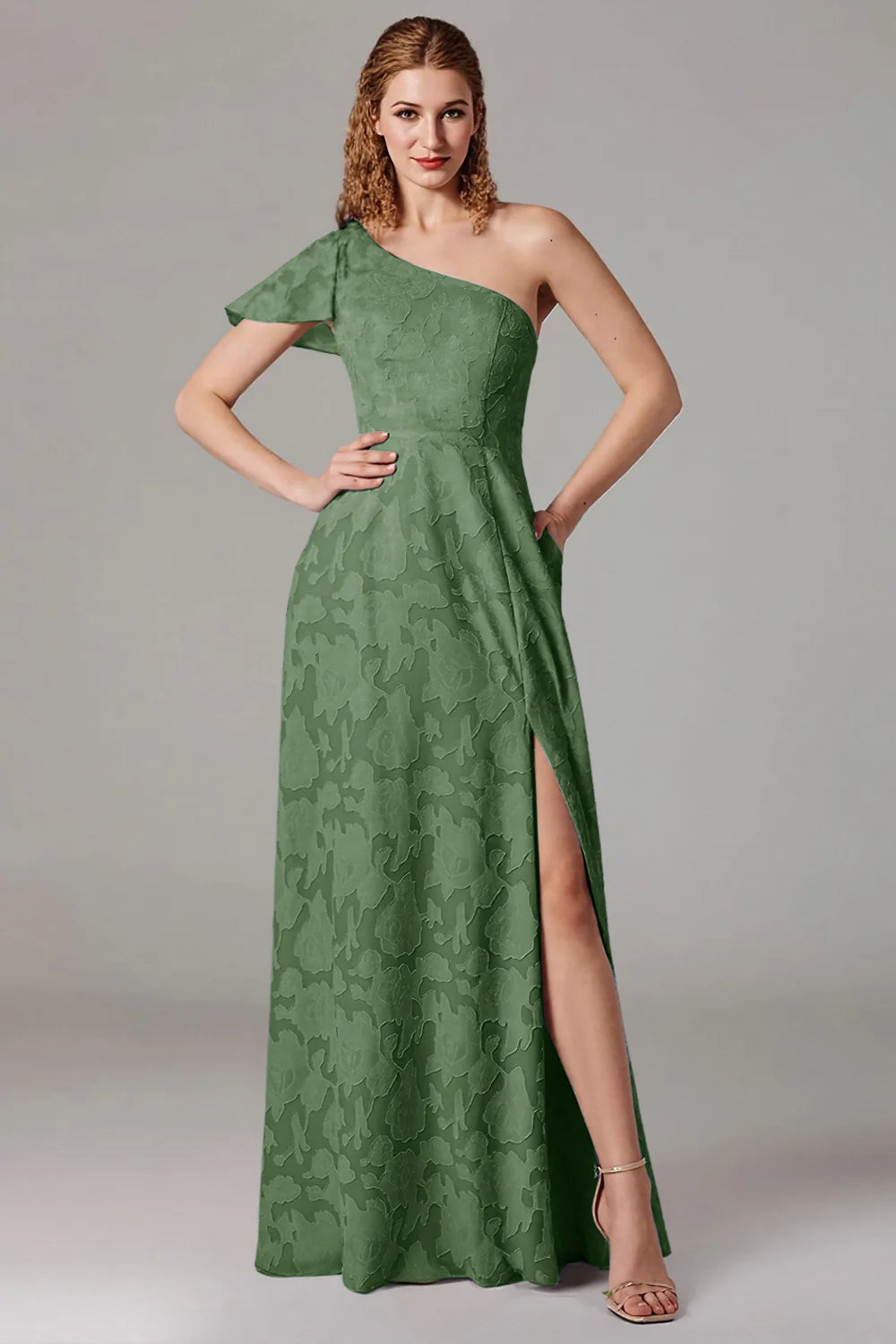 A-line shoulder cinched waist side slit dress