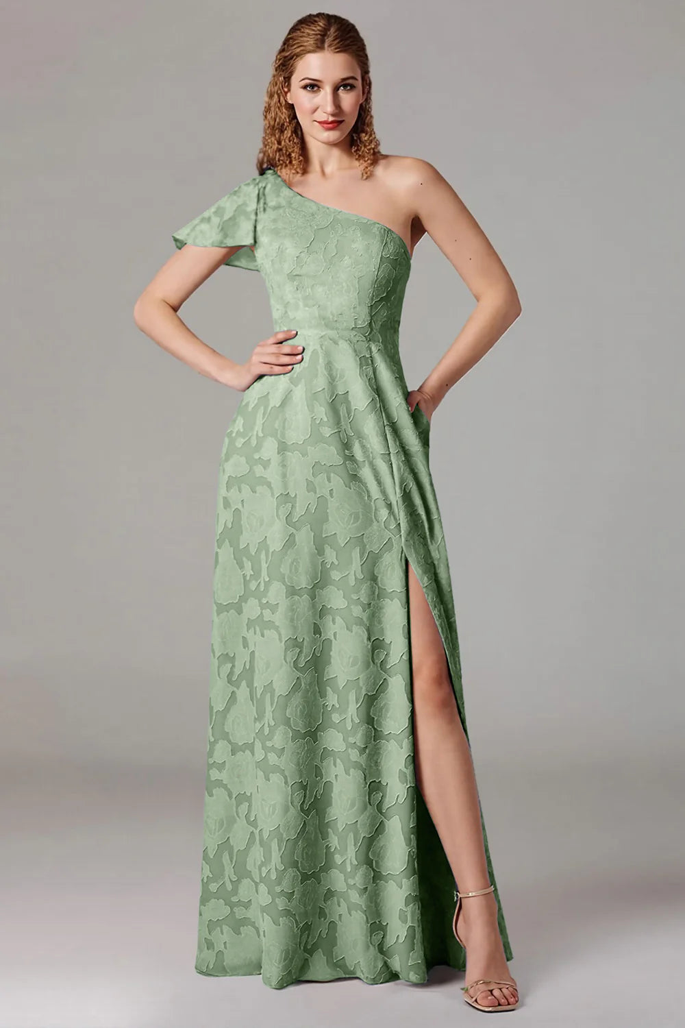 A-line shoulder cinched waist side slit dress