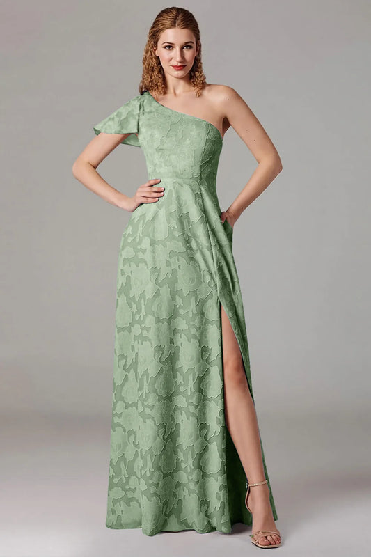 A-line shoulder cinched waist side slit dress