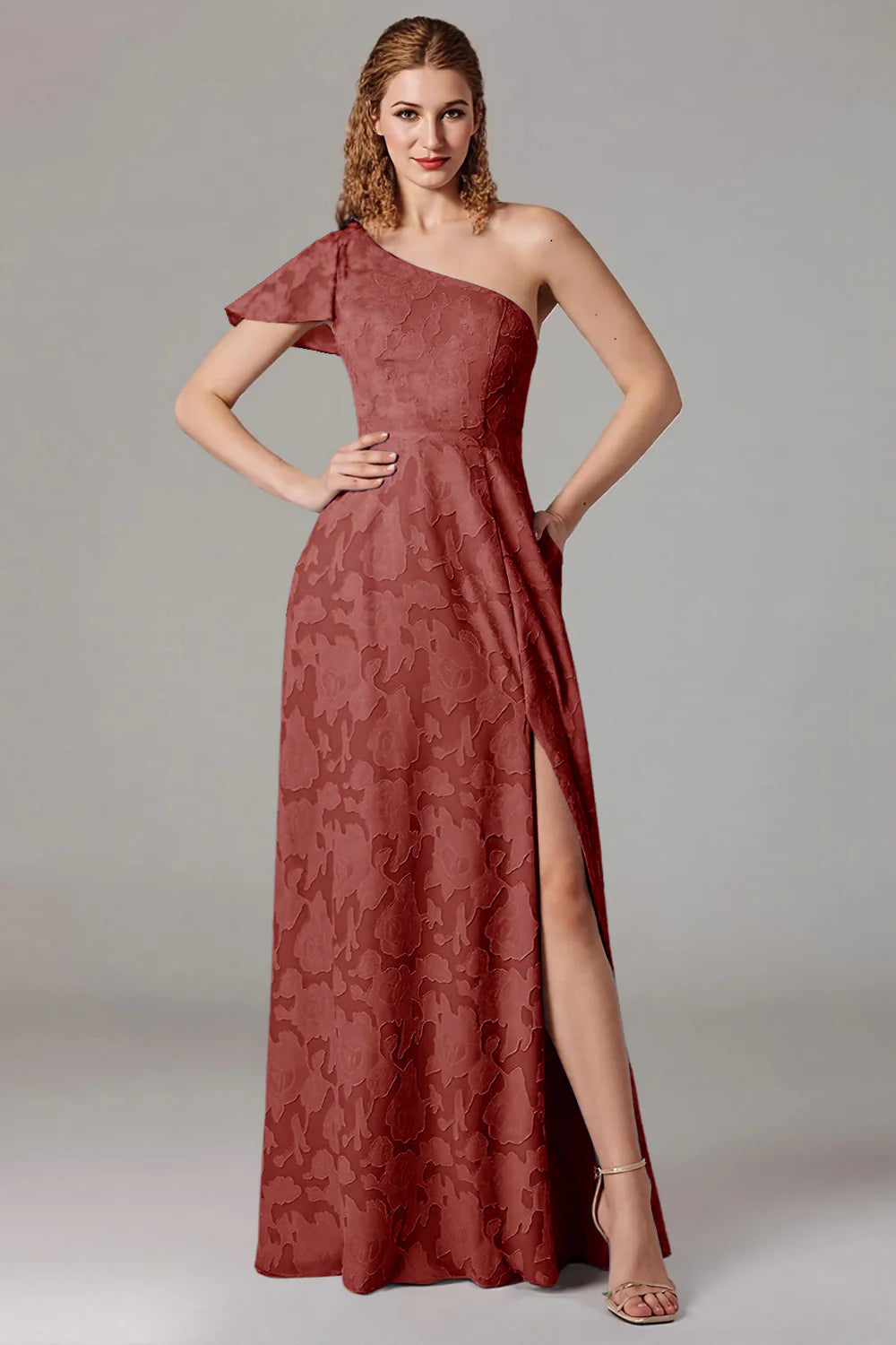 A-line shoulder cinched waist side slit dress