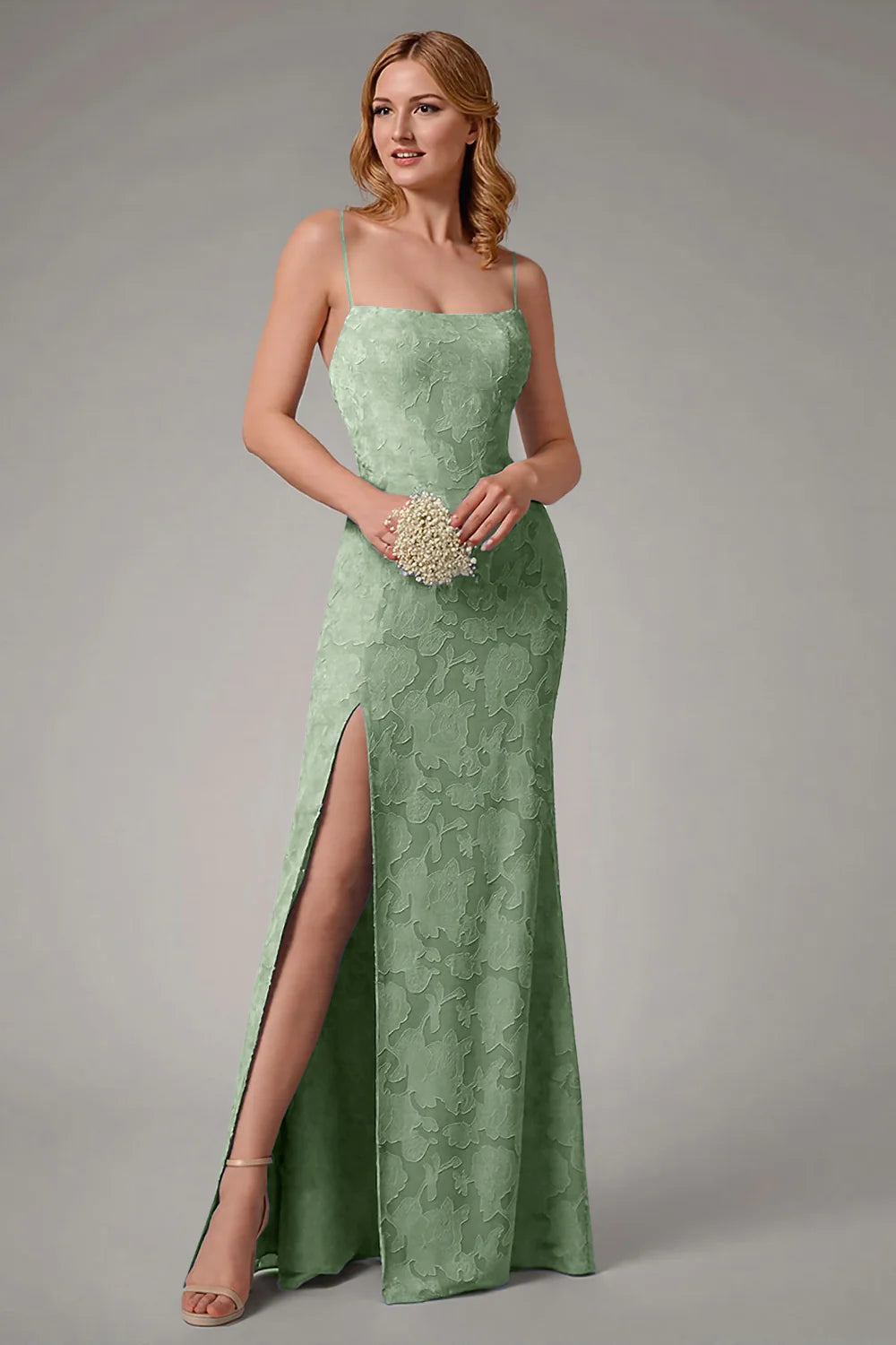 Square collar slim suspender backless waist cinching long skirt with side slit dress