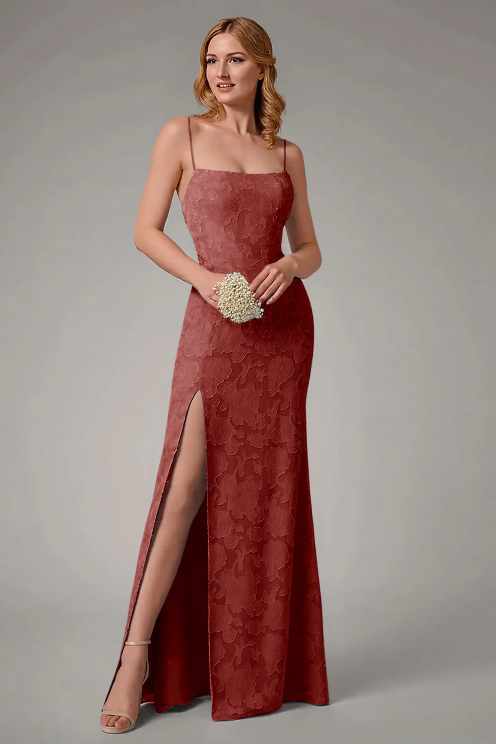 Square collar slim suspender backless waist cinching long skirt with side slit dress