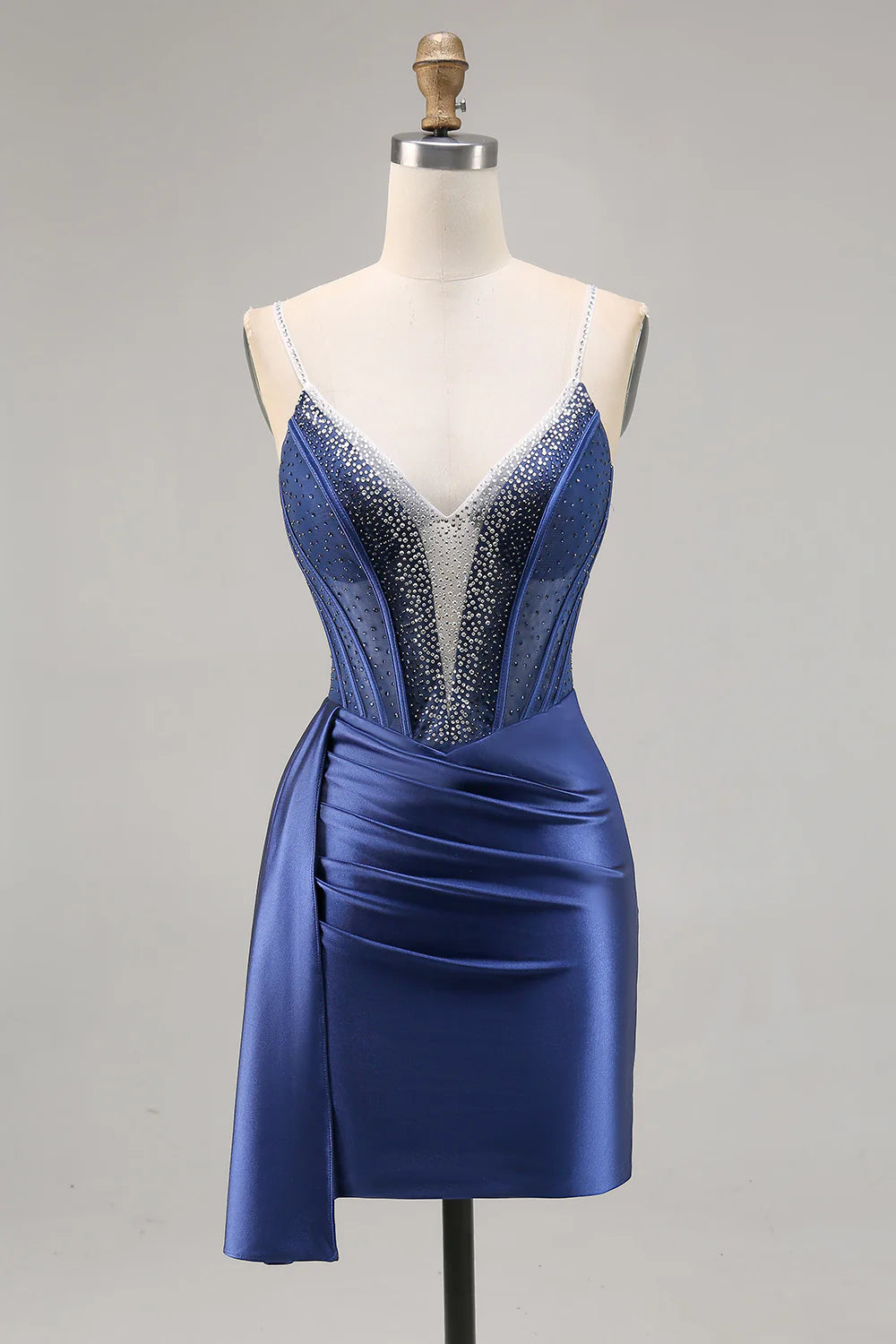 Sparkling navy blue tight satin beaded back to school dress