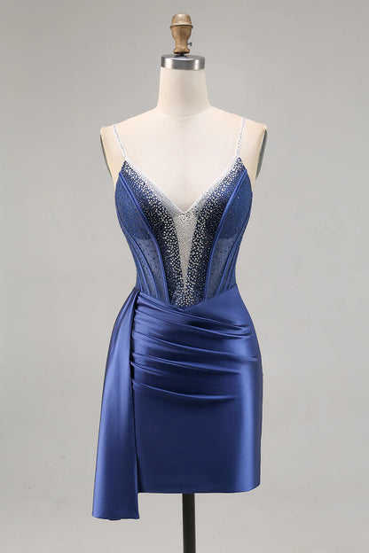 Sparkling navy blue tight satin beaded back to school dress