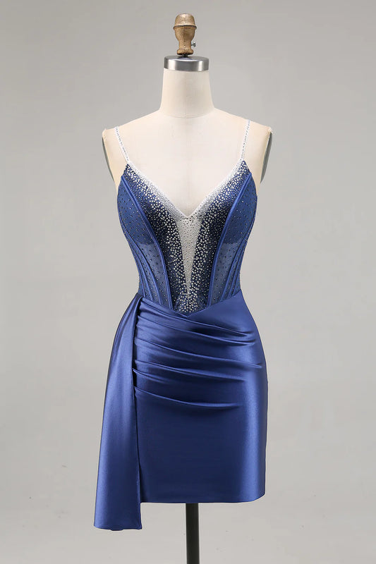 Sparkling navy blue tight satin beaded back to school dress