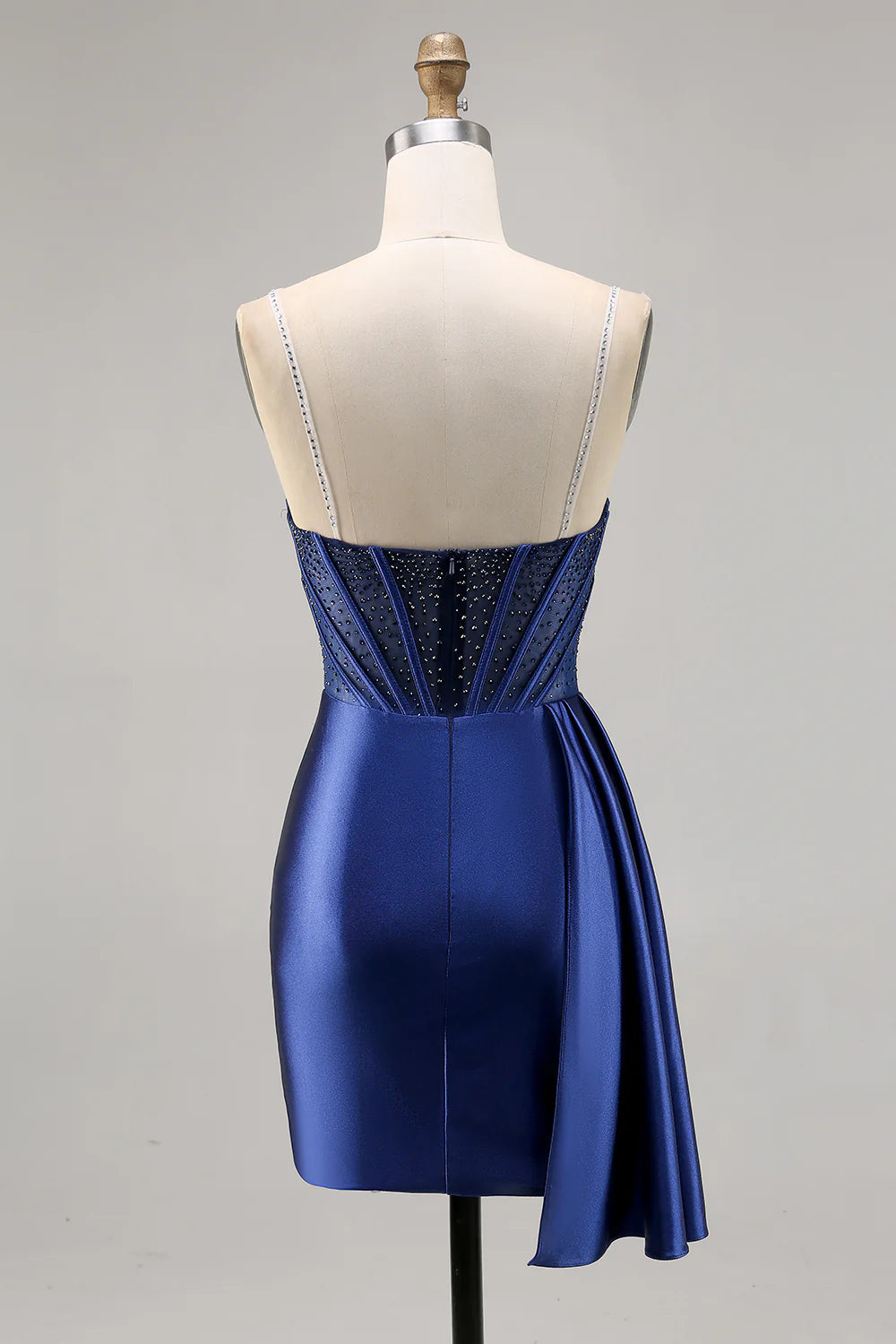 Sparkling navy blue tight satin beaded back to school dress