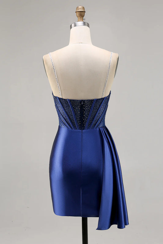 Sparkling navy blue tight satin beaded back to school dress