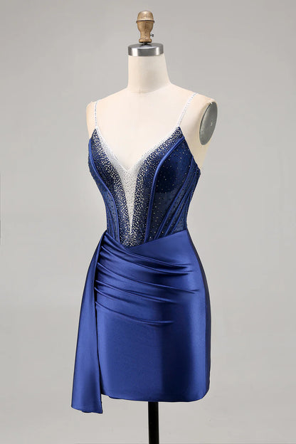 Sparkling navy blue tight satin beaded back to school dress