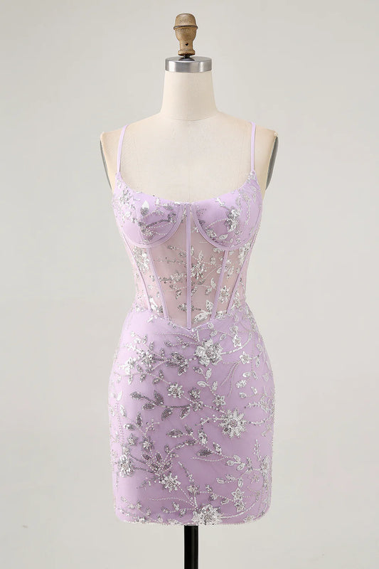 Light purple applique short back to school dress with sequined flowers