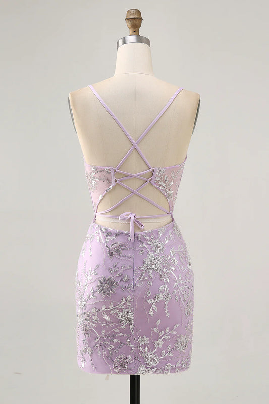 Light purple applique short back to school dress with sequined flowers