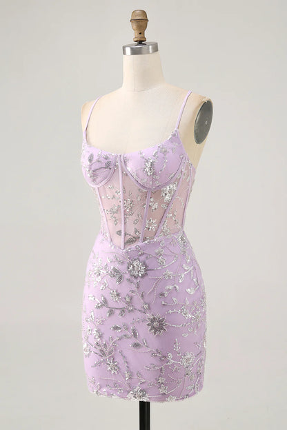 Light purple applique short back to school dress with sequined flowers