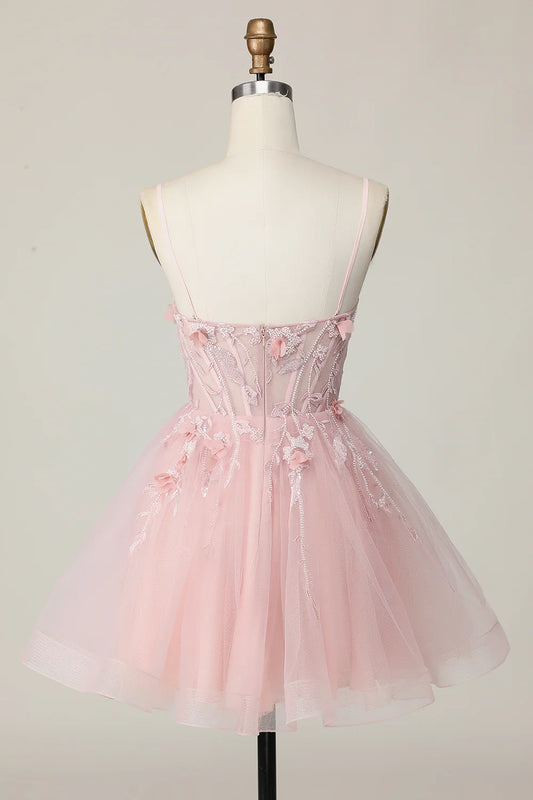 Pink A Line Corset Tulle Beaded Homecoming Dress with 3D Flowers