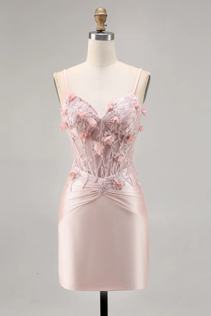 Pink Bodycon Corset Beaded Satin Homecoming Dress with 3D Flowers