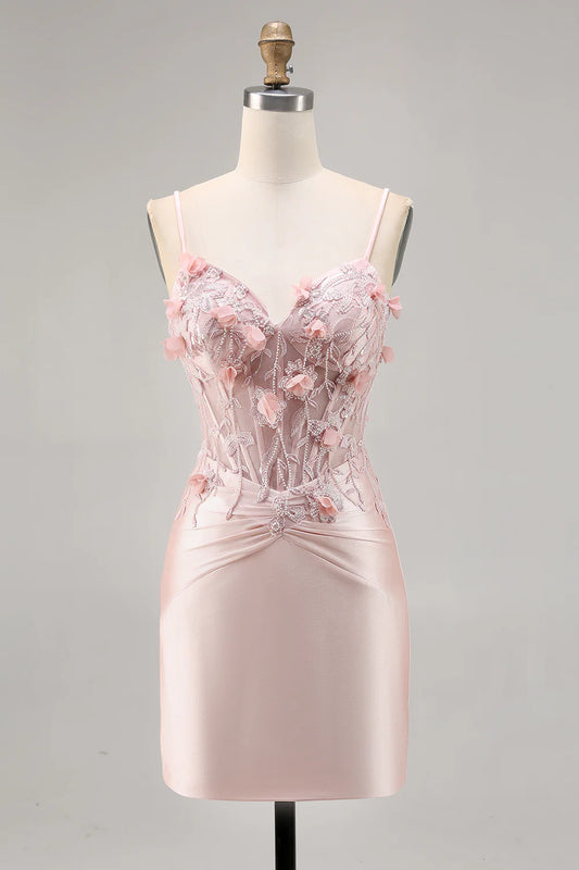 Pink Bodycon Corset Beaded Satin Homecoming Dress with 3D Flowers