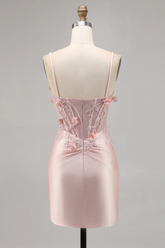 Pink Bodycon Corset Beaded Satin Homecoming Dress with 3D Flowers