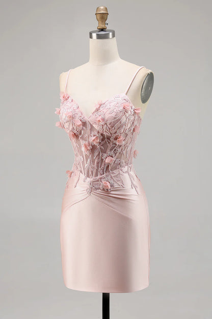 Pink Bodycon Corset Beaded Satin Homecoming Dress with 3D Flowers