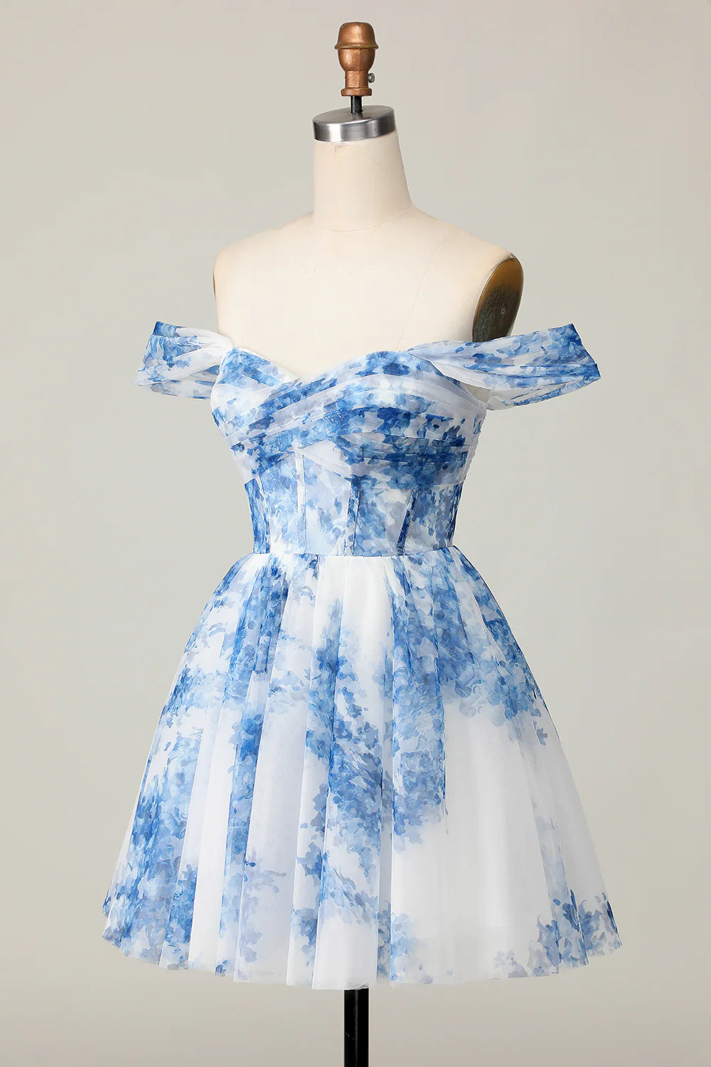 White Blue Flower Off The Shoulder Printed Corset Homecoming Dress with Ruffles