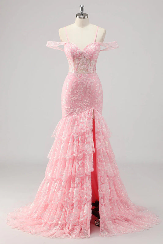 Pink Mermaid Cold Shoulder Corset Prom Dress With Slit