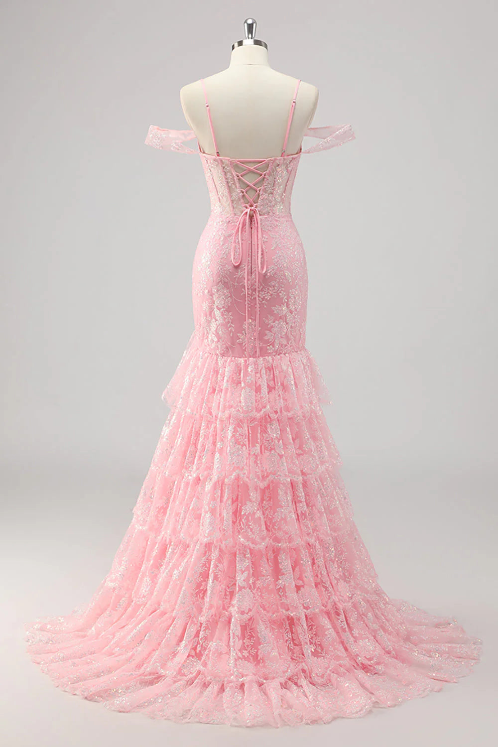 Pink Mermaid Cold Shoulder Corset Prom Dress With Slit