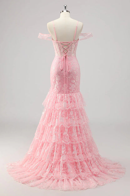 Pink Mermaid Cold Shoulder Corset Prom Dress With Slit