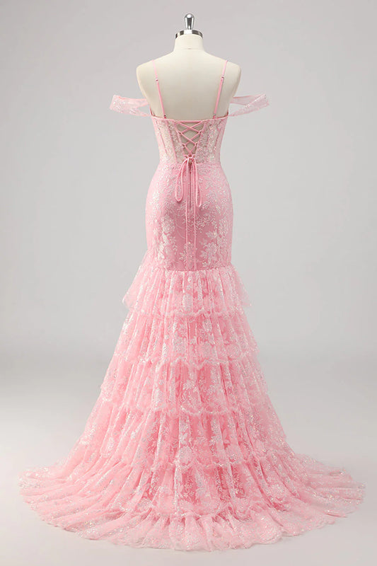 Pink Mermaid Cold Shoulder Corset Prom Dress With Slit