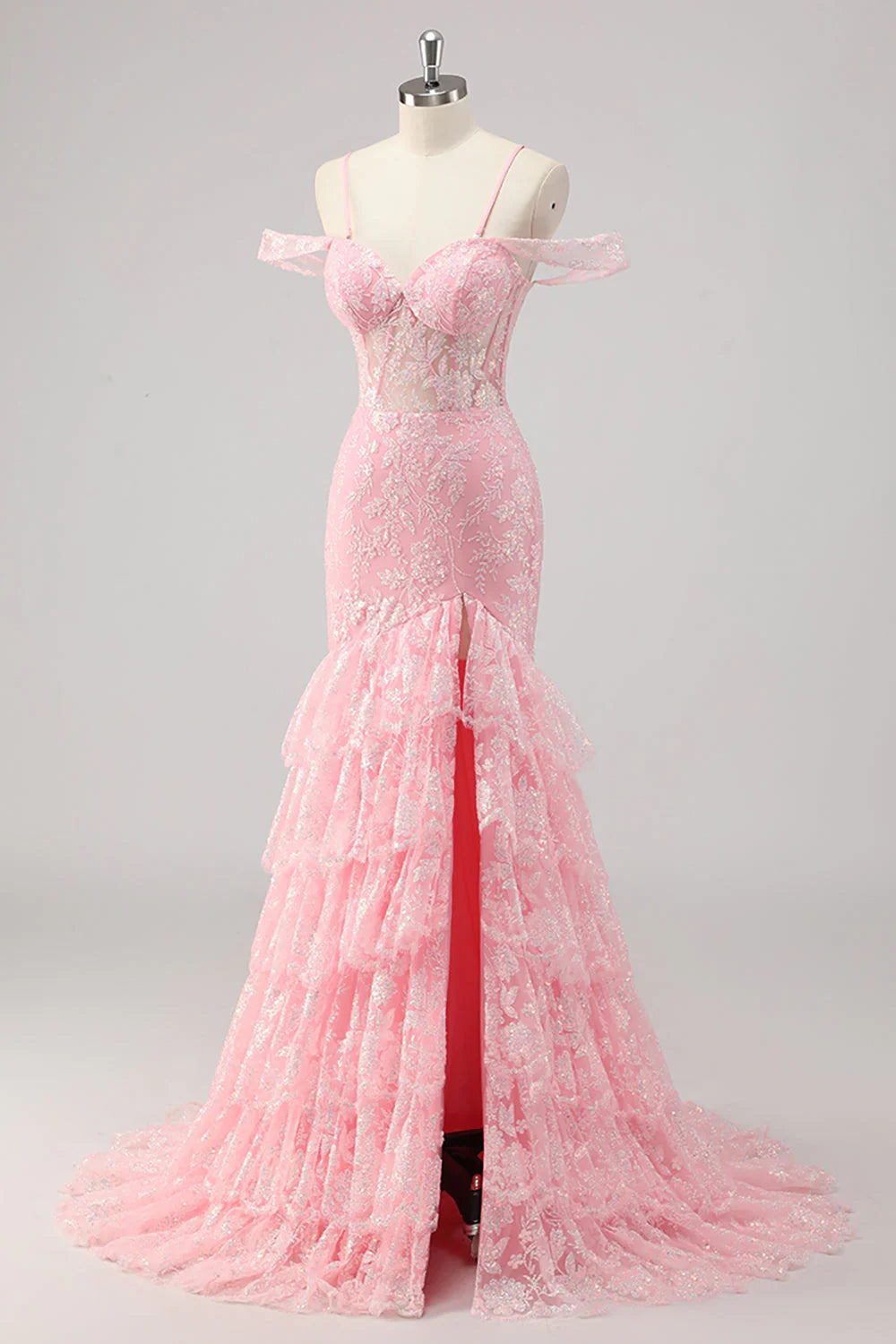 Pink Mermaid Cold Shoulder Corset Prom Dress With Slit