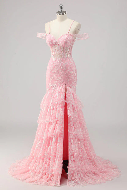 Pink Mermaid Cold Shoulder Corset Prom Dress With Slit