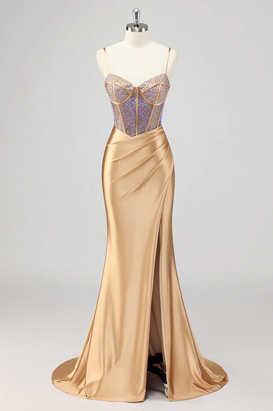 Golden mermaid thin suspender bead tight corset party skirt side slit