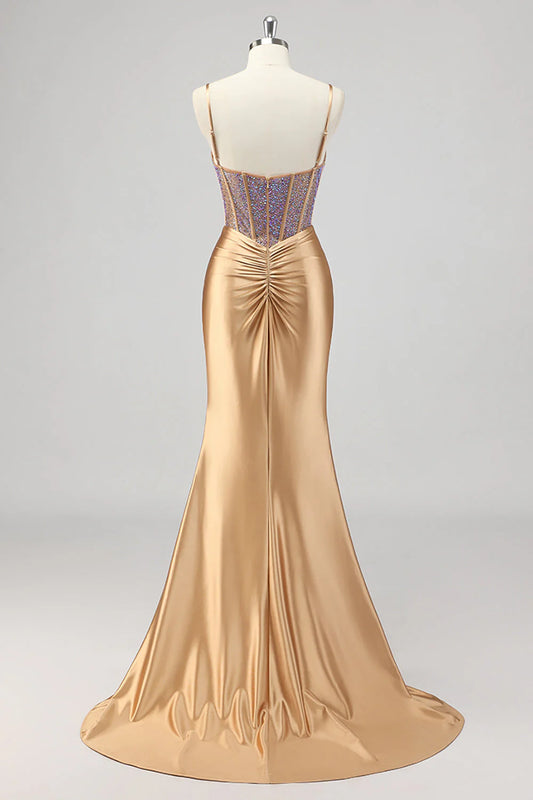 Golden mermaid thin suspender bead tight corset party skirt side slit