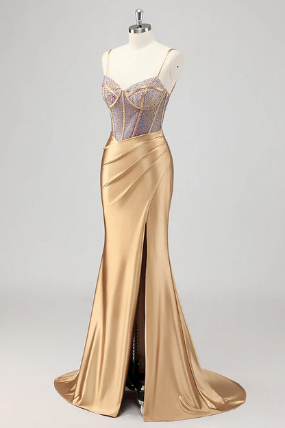 Golden mermaid thin suspender bead tight corset party skirt side slit