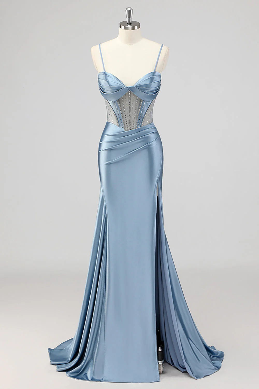 Mermaid Grey Blue Corset Beaded Long Prom Dress With Slit