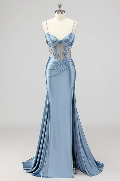Mermaid Grey Blue Corset Beaded Long Prom Dress With Slit
