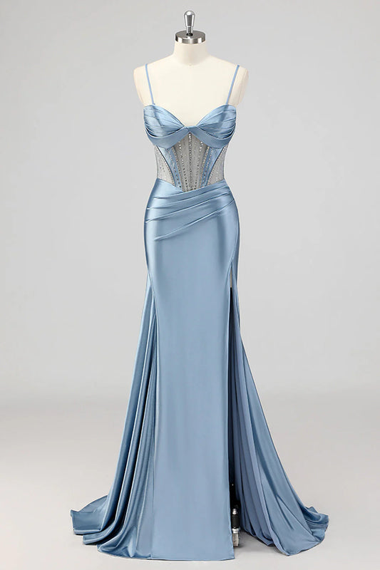 Mermaid Grey Blue Corset Beaded Long Prom Dress With Slit