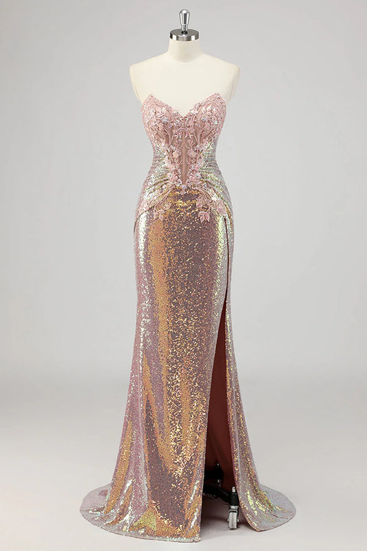 Strapless Mermaid Blush Corset Sequins Prom Dress with Slit