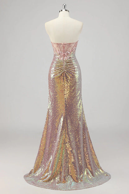 Strapless Mermaid Blush Corset Sequins Prom Dress with Slit