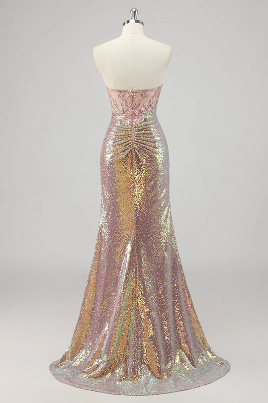 Strapless Mermaid Blush Corset Sequins Prom Dress with Slit