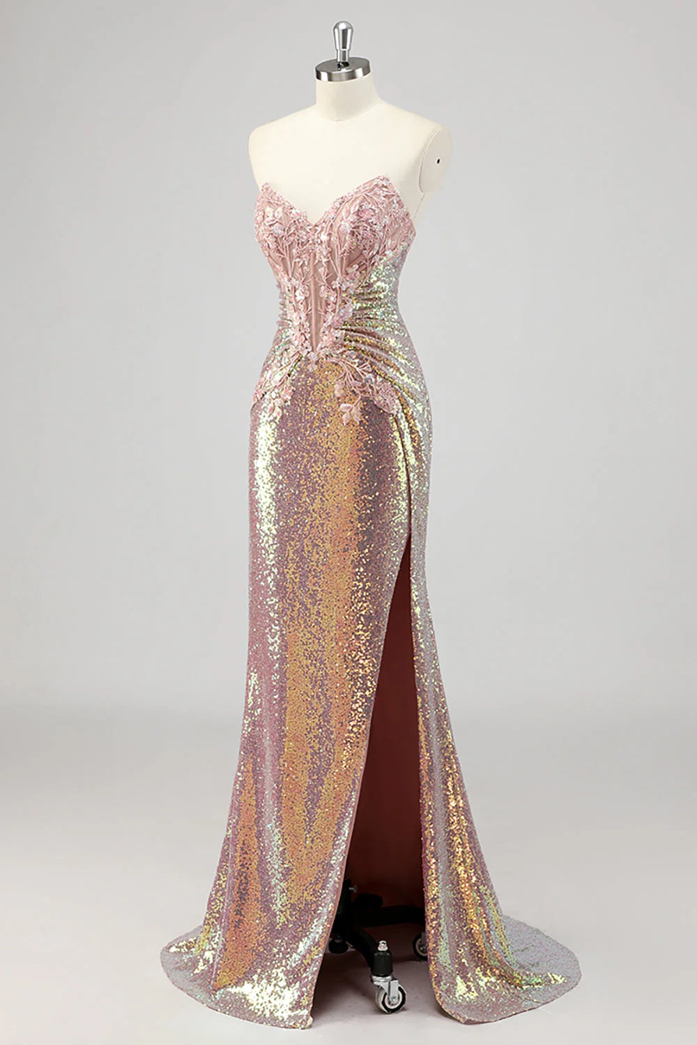 Strapless Mermaid Blush Corset Sequins Prom Dress with Slit
