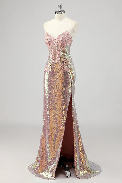 Strapless Mermaid Blush Corset Sequins Prom Dress with Slit