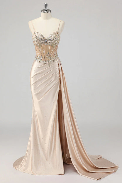 Champagne Mermaid Sequins Side Streamer Corset Prom Dress With Slit