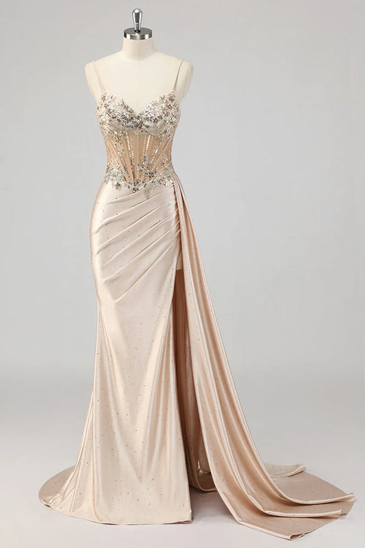 Champagne Mermaid Sequins Side Streamer Corset Prom Dress With Slit