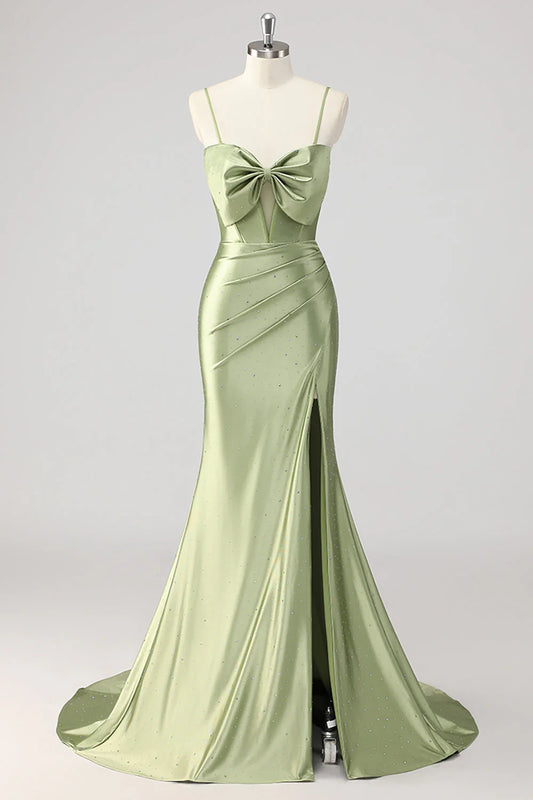 Green Mermaid Corset Keyhole Satin Beaded Prom Dress with Slit