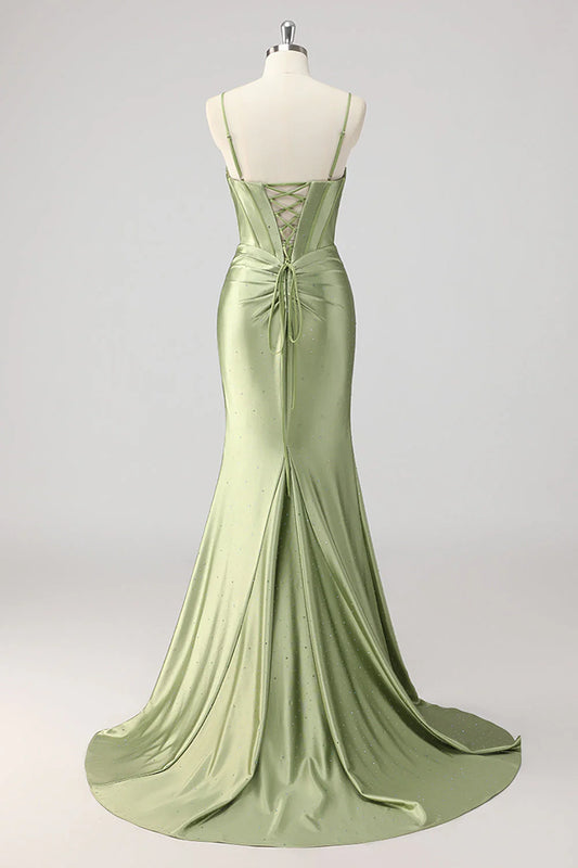 Green Mermaid Corset Keyhole Satin Beaded Prom Dress with Slit