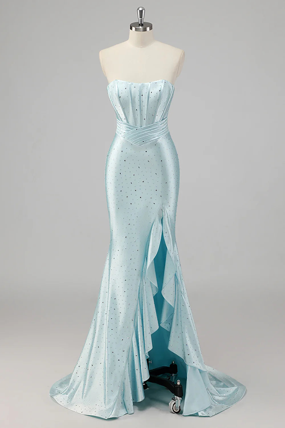 Blue Mermaid Strapless Beaded Prom Dress With Ruffled Slit