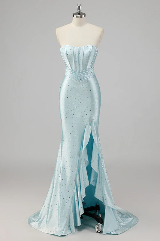 Blue Mermaid Strapless Beaded Prom Dress With Ruffled Slit