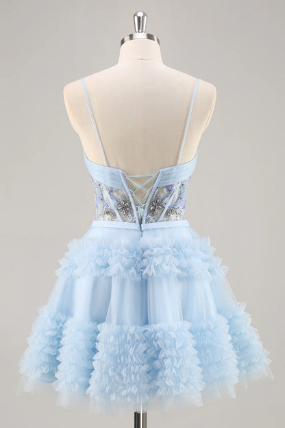 A-Line Sequins Tulle Corset Pleated Short Blue Homecoming Dress with Ruffles