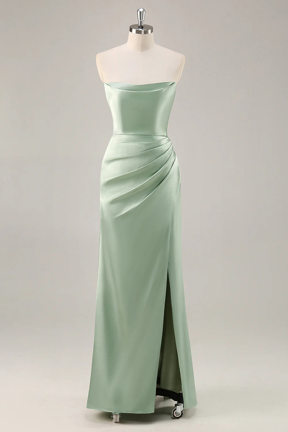 Sage Green Sheath Strapless Satin Pleated Floor Length Bridesmaid Dress with Slit