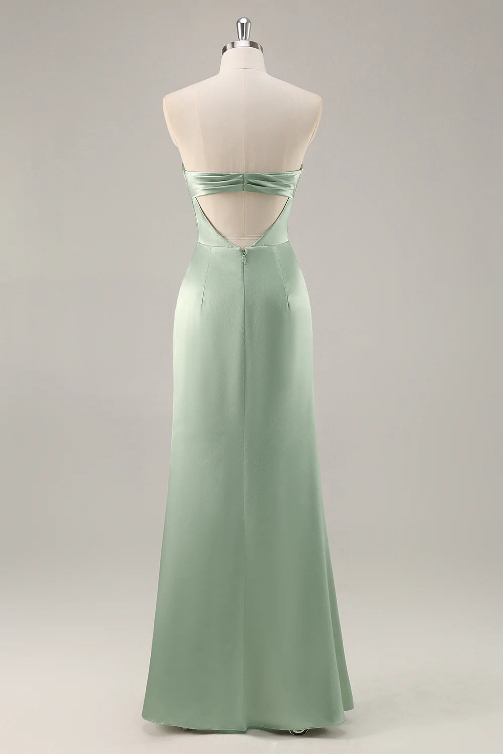Sage Green Sheath Strapless Satin Pleated Floor Length Bridesmaid Dress with Slit