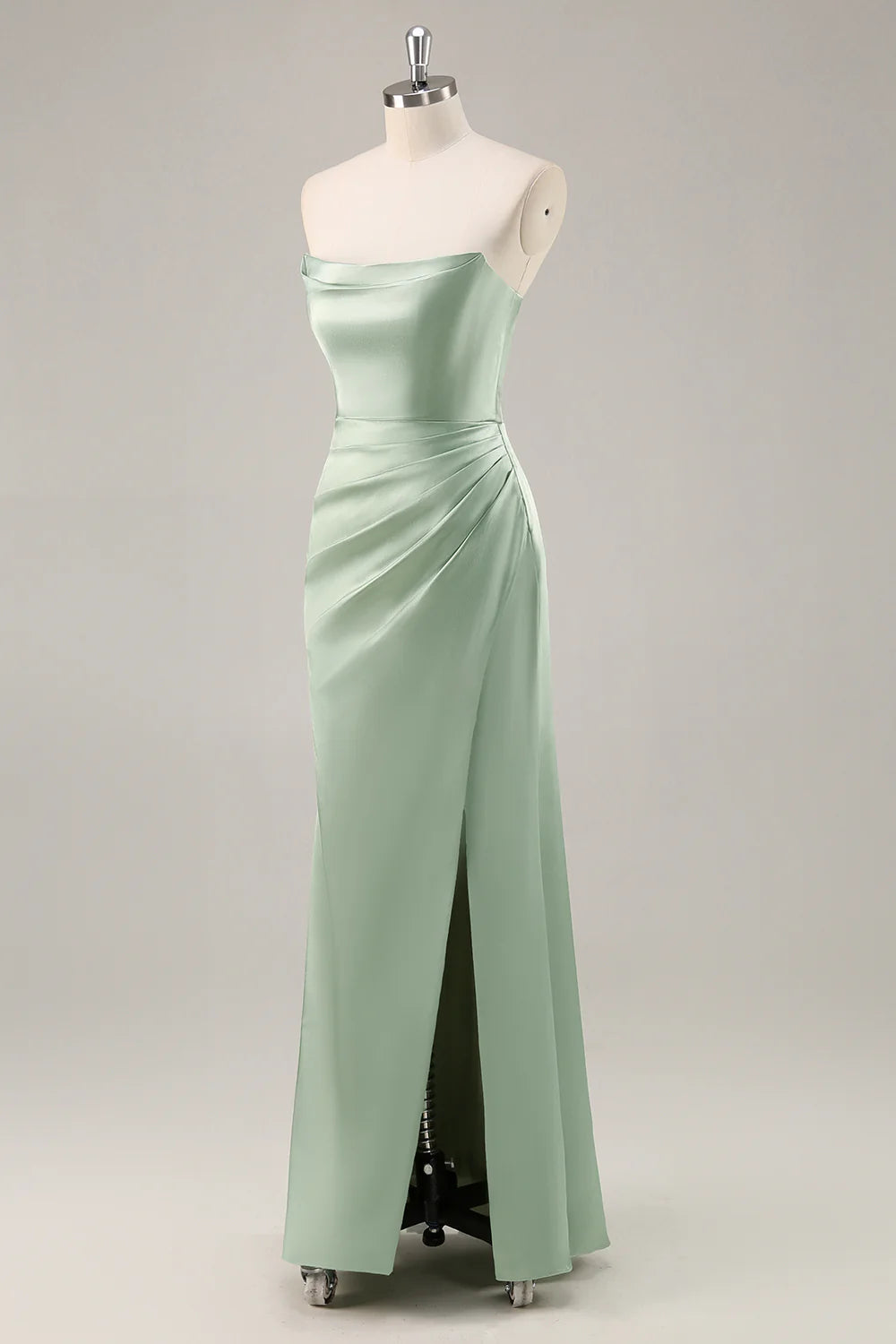 Sage Green Sheath Strapless Satin Pleated Floor Length Bridesmaid Dress with Slit